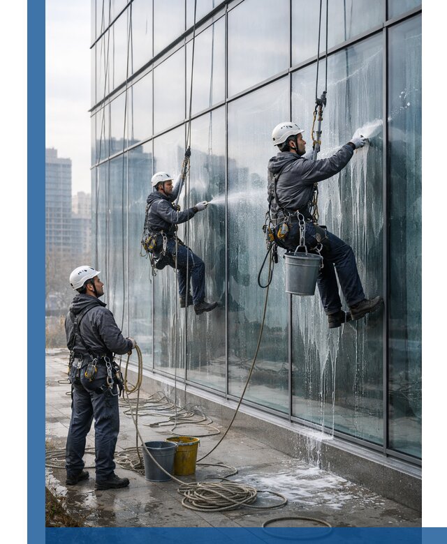 Промышленная мойка панорамных окон на высоте в Златоусте