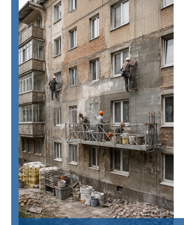 Капитальный ремонт фасада в Златоусте с восстановлением и гидроизоляцией