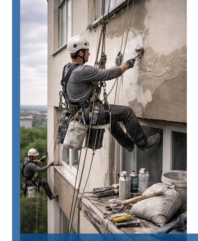Косметический ремонт фасада зданий в Златоусте промышленными альпинистами