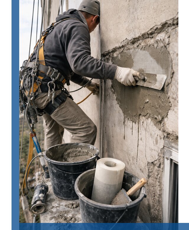 Ремонт бетонных элементов фасада промышленными альпинистами в Златоусте