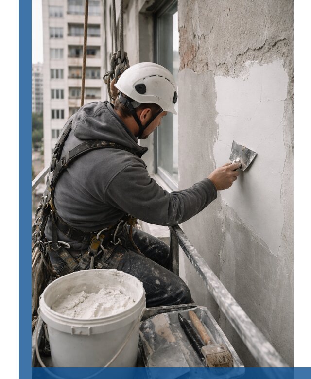 Шпаклевка фасадов на высоте с промальпинистами в Златоусте