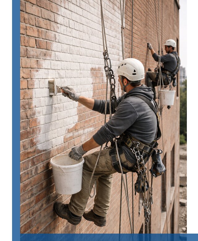 Покраска кирпичного фасада с доступным альпинистским сервисом в Златоусте