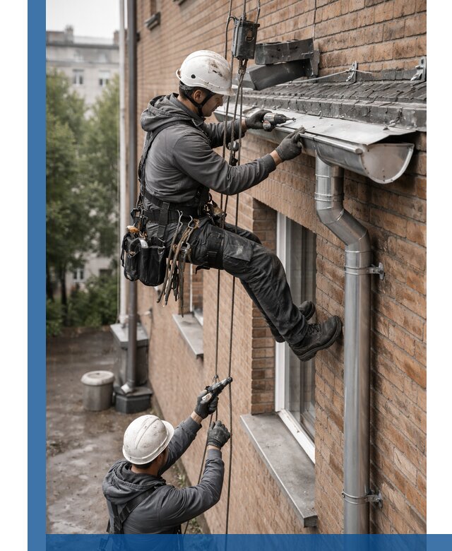 Монтаж водосточной системы на здании в Златоусте под ключ