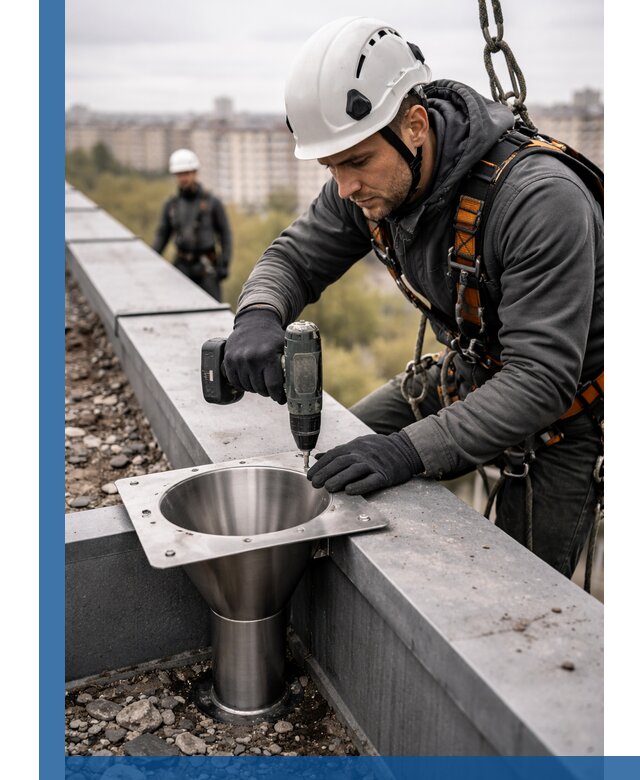 Монтаж водосточных воронок в Златоусте для промышленных зданий