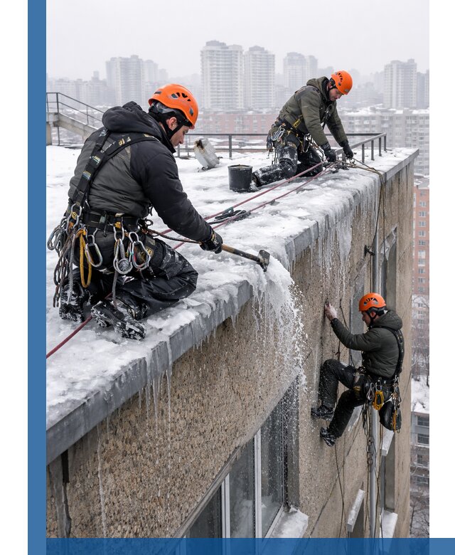 Удаление наледи с кровли в Златоусте промышленными альпинистами