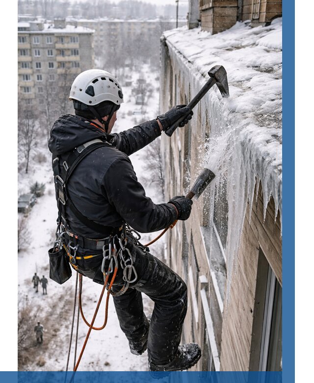 Сбивание сосулек с крыши в Златоусте по цене от 4640 р. | ВЫСОТНИК-Злт