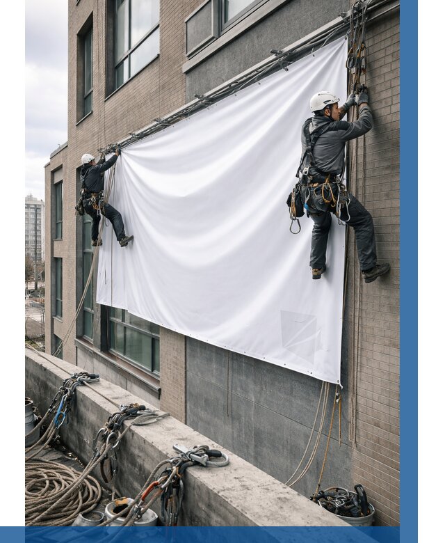 Монтаж баннеров на фасаде в Златоусте от 670 р. заказать ВЫСОТНИК-Злт