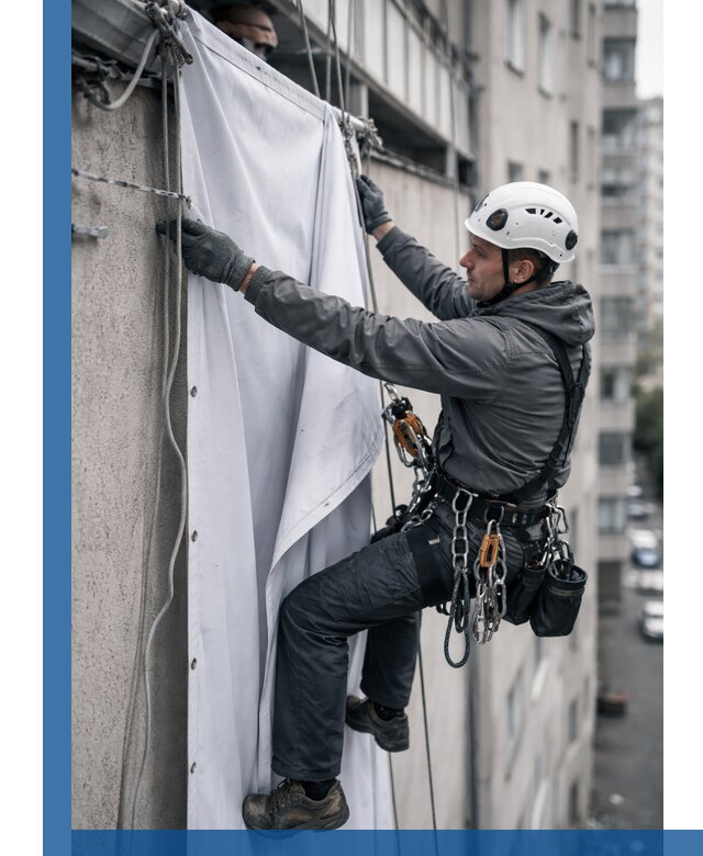 Замена баннерного полотна промышленными альпинистами в Златоусте