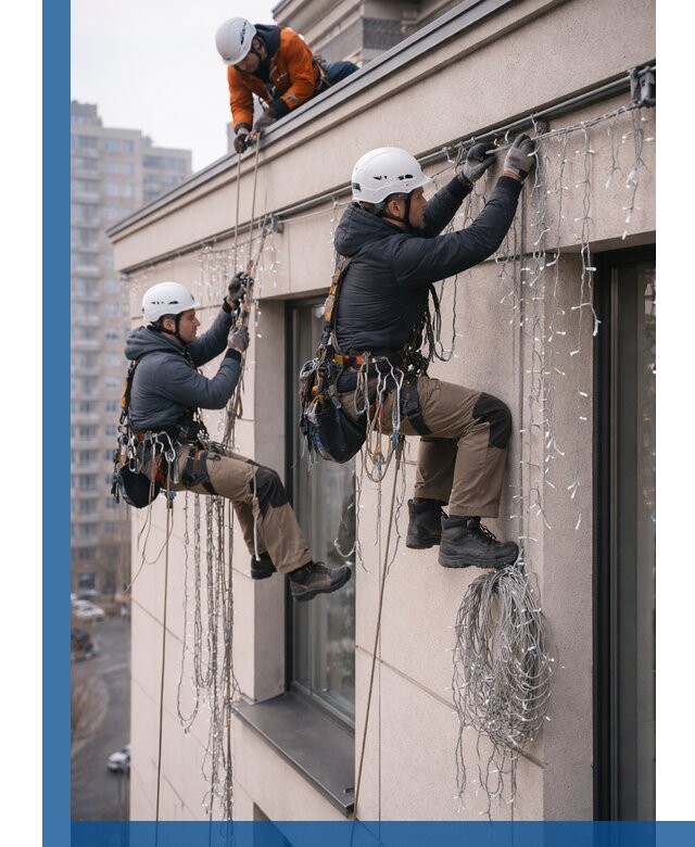 Монтаж праздничных гирлянд на фасаде в Златоусте для зданий