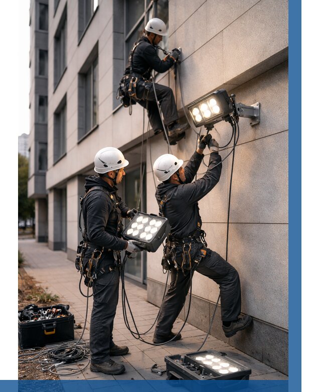 Монтаж прожекторов на фасаде в Златоусте от 7733 р. | ВЫСОТНИК-Злт