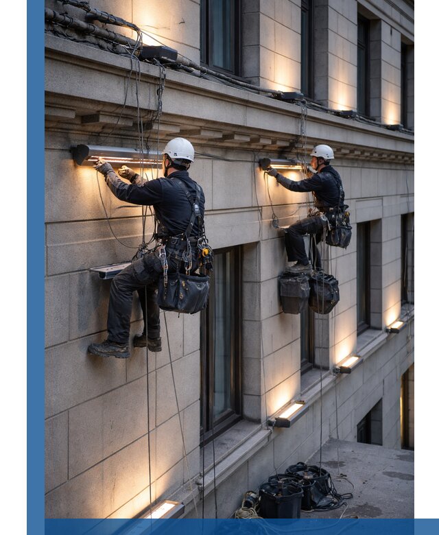 Монтаж архитектурной подсветки фасадов зданий в Златоусте