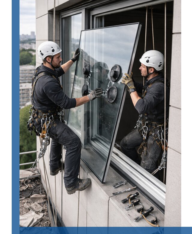 Замена стеклопакетов на высоте с промышленными альпинистами в Златоусте