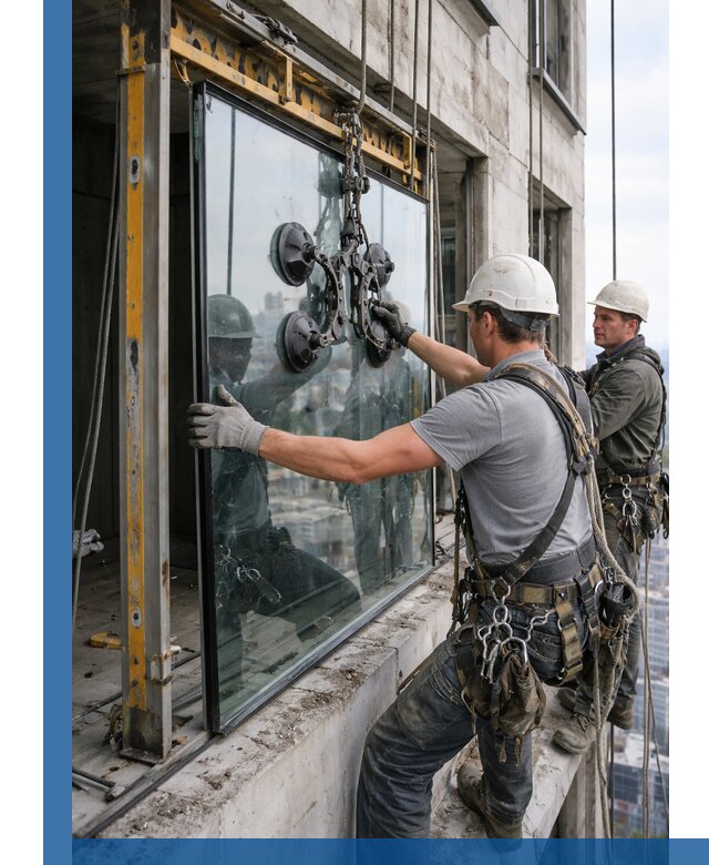 Монтаж стеклопакетов на высоте в Златоусте с промышленным альпинизмом