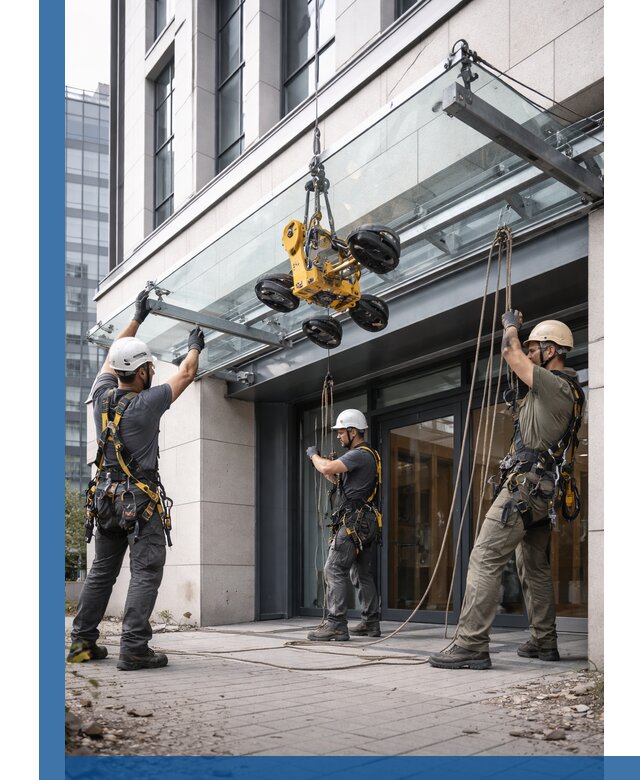 Монтаж стеклянных козырьков под ключ в Златоусте для зданий