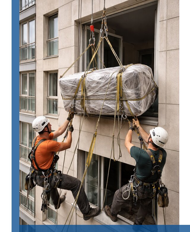 Подъем грузов через окно в Златоусте промышленными альпинистами