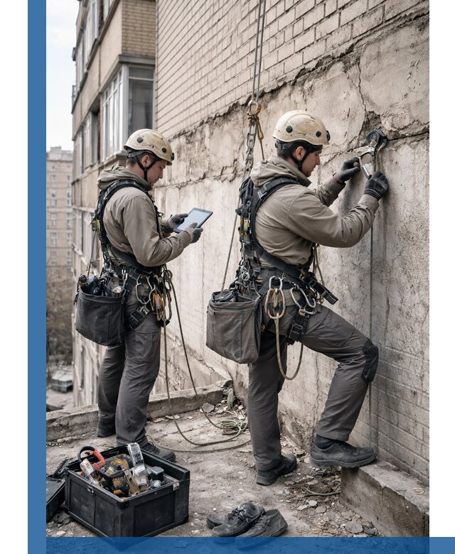 Обследование фасада промышленными альпинистами в Златоусте